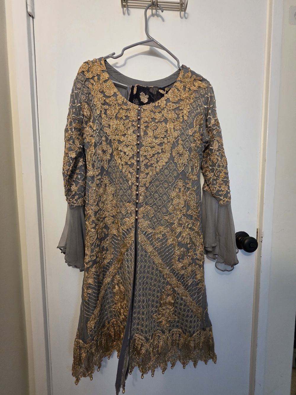 Embellished Gray and Gold Evening Shalwar Kamees